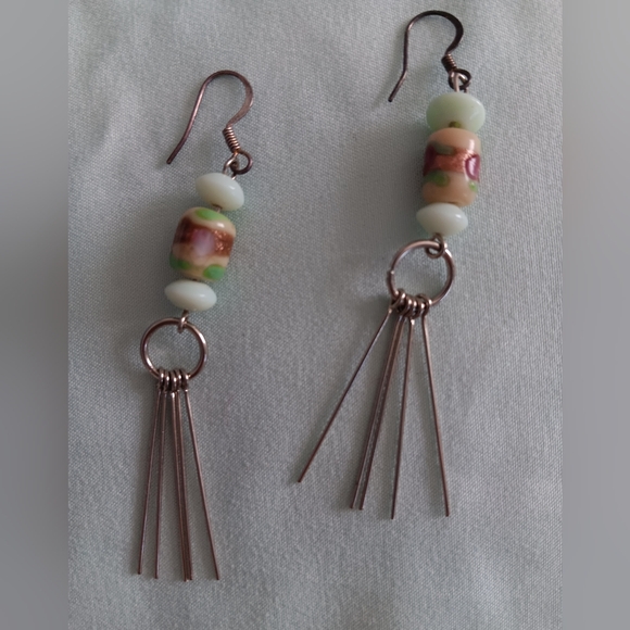Handmade~Metallic Tan Pale Blue Beaded Silver Dangle Earrings NWOT - Picture 5 of 11